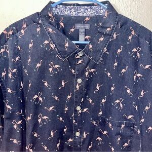 Van Heusen Pink Flamingos Short Sleeve Button Down Men’s Shirt Blue 3XLT Cotton